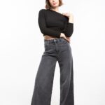 Jean large taille haute en denim gris délavé