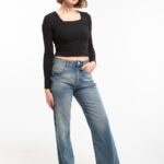Jean wide leg taille haute avec revers