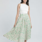 Jupe midi en lin imprimé feuillage