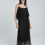 Robe longue en crochet noir effet superposition (Robe à volants)