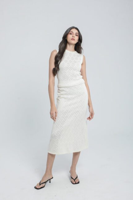 Ensemble en maille écrue – Top sans manches et jupe longue ajourée