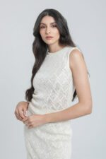 Ensemble en maille écrue – Top sans manches et jupe longue ajourée – Image 2