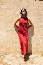 Robe chemise maxi lin rouge brique