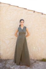 Robe portefeuille maxi lin sans manches – Image 3